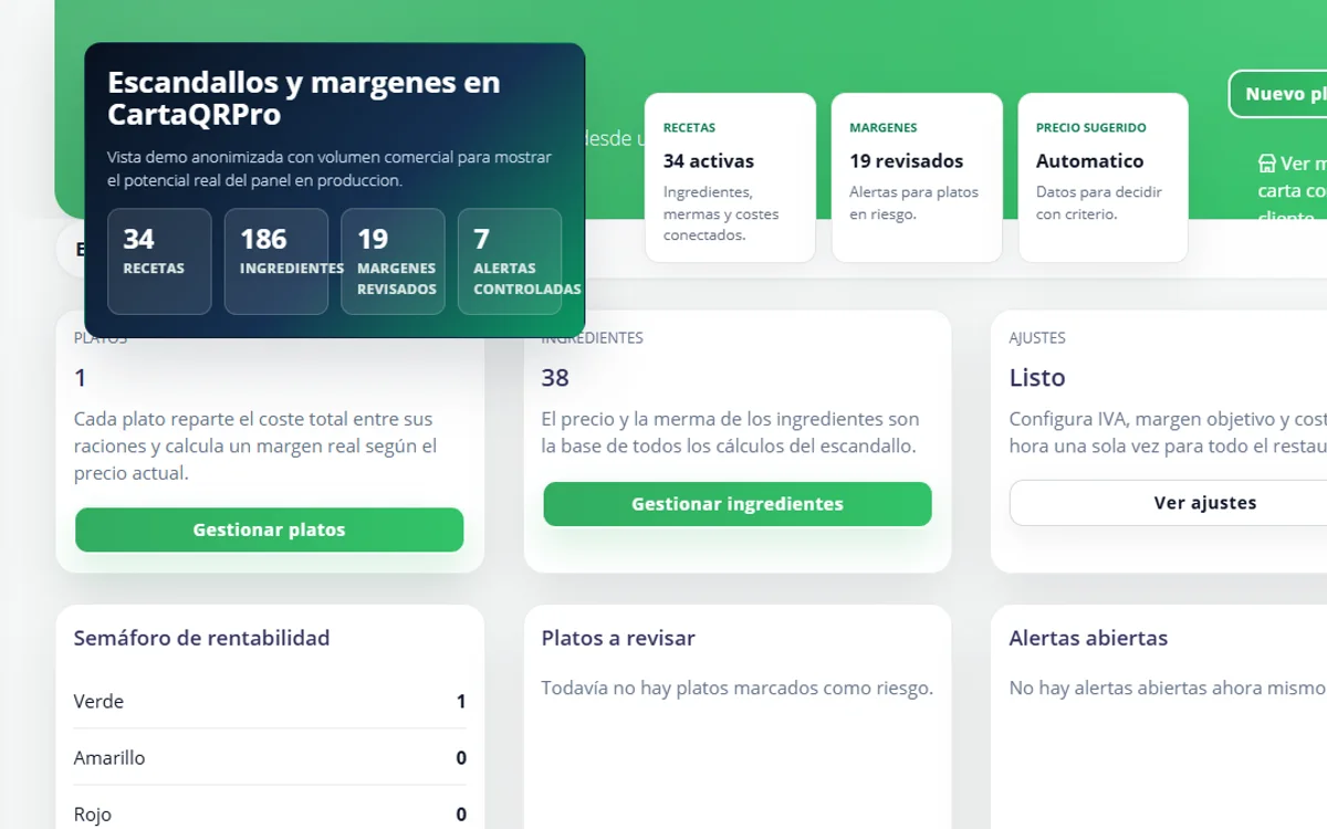 Escandallos y margenes en CartaQRPro