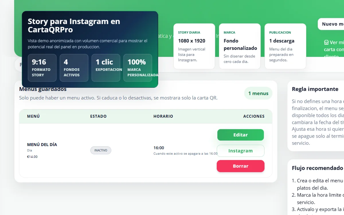 Story profesional para Instagram en CartaQRPro